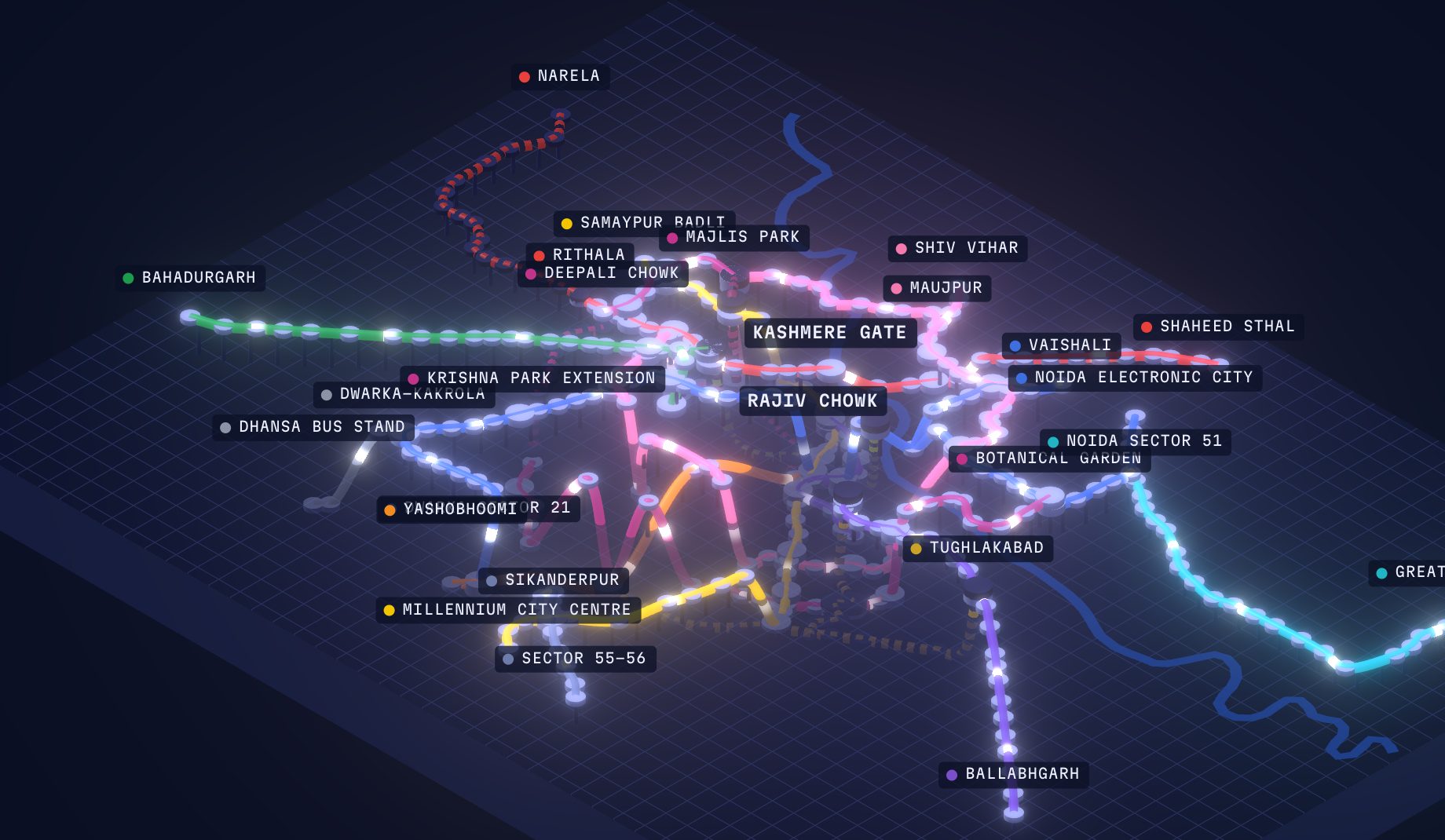 Night-time isometric slab of the Delhi region with the Yamuna crossing it and a dense web of glowing metro lines, Phase 4 corridors dashed