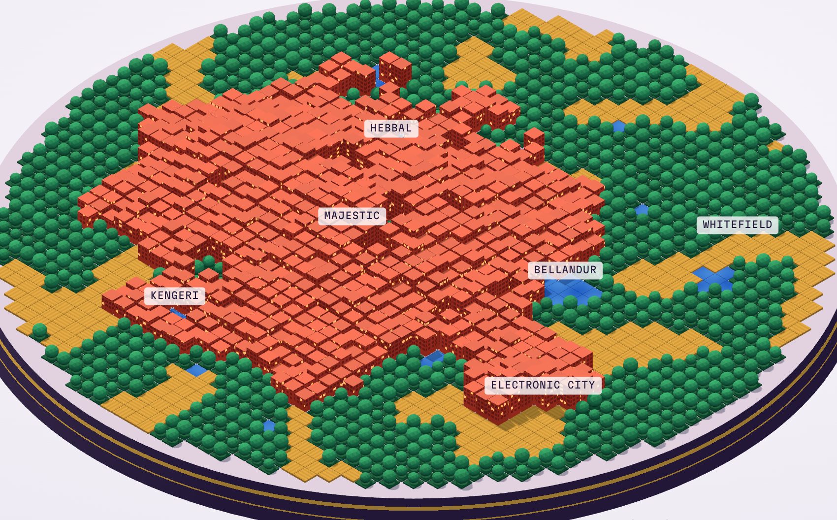 Voxel disc of Bengaluru in 2002: red built-up blocks spreading from the centre through green tree canopies, ochre fields and blue lakes