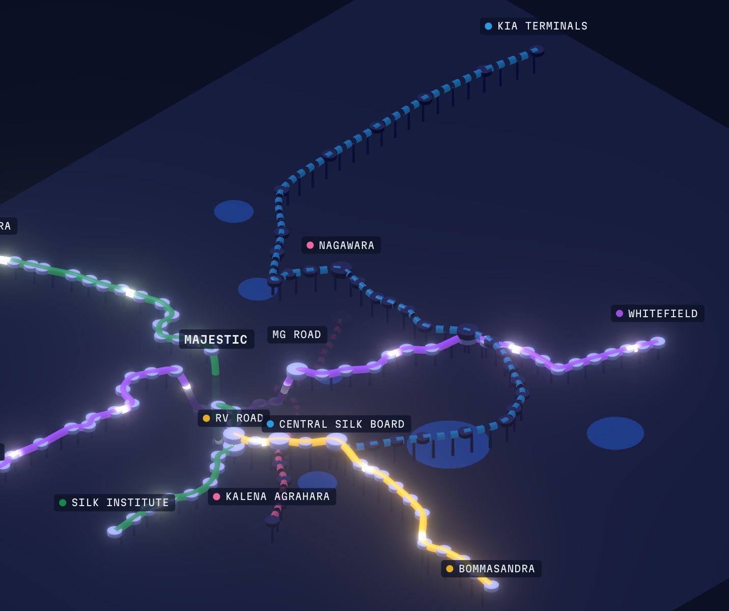 Night-time isometric slab of Bengaluru with glowing purple, green and yellow metro lines, and dashed pink and blue lines under construction